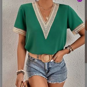 Green Hollow V Neck Top